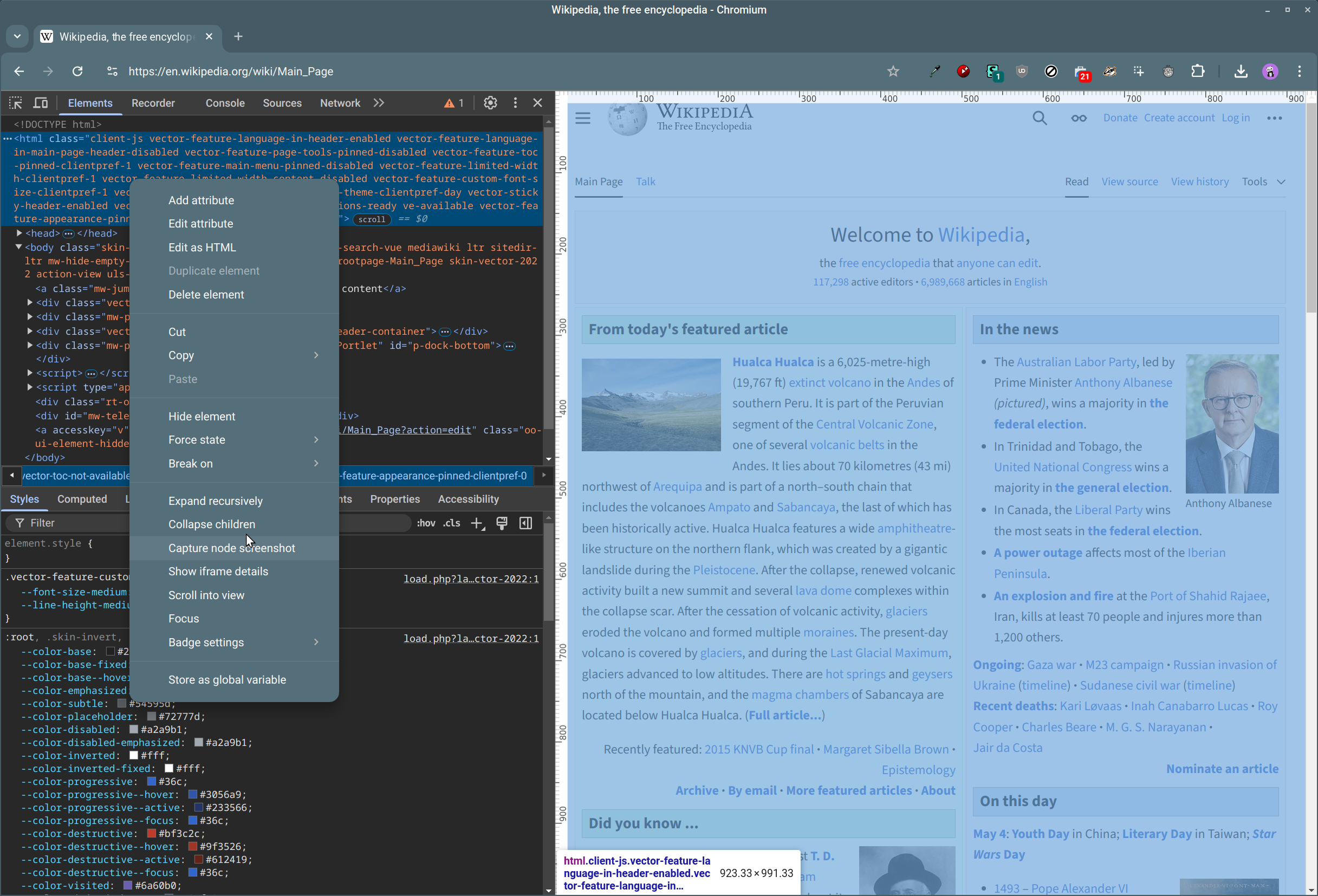 The option to take a screenshot in Chrome DevTools